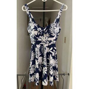 NWT B2prity Womens Navy Blue Leaf Print Swim Dress With Adjustable Straps & Buil